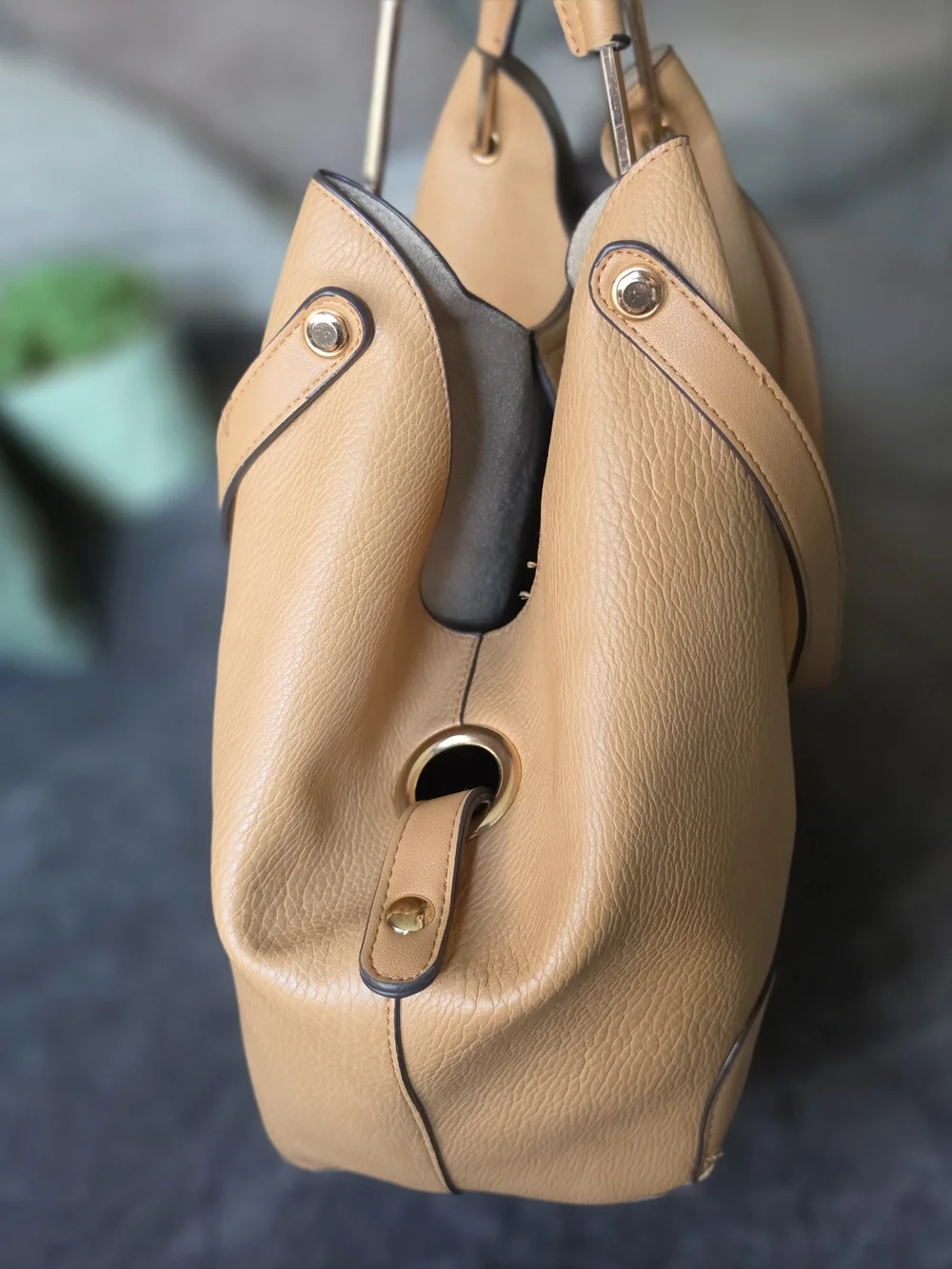 Sondra Roberts Camel Faux Tan Leather Tote with Top Handles